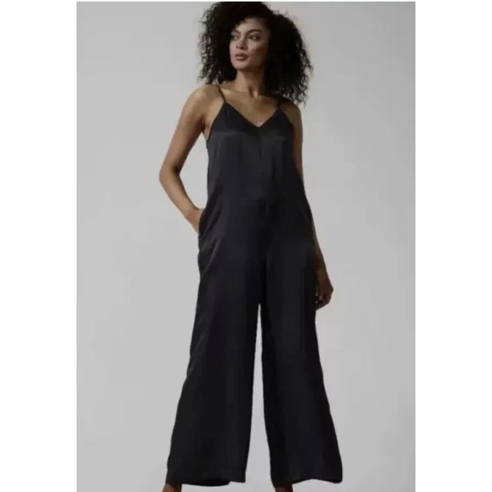Athleta Calm Cool Romper Women XXS Black Cupro Wide Leg V-Neck Jumpsuit